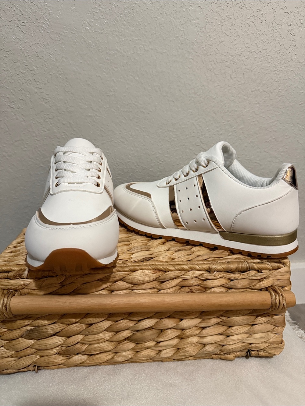 White Sneakers with Gold Accents